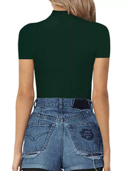 Dark green mock neck short sleeve bodysuit styled with denim shorts