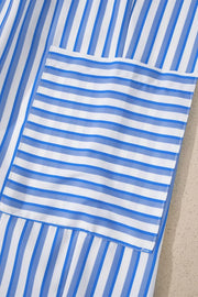 Maternity pants with blue and white stripes and a pocket detail.