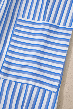 Maternity pants with blue and white stripes and a pocket detail.