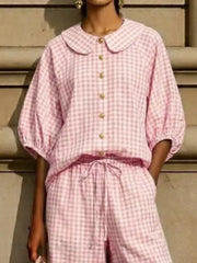 Full Size Plaid Button Up Shirt And Pants Set Plus Size, model styling view