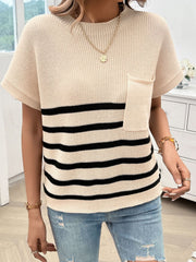 Knit stripe tee in tan with black stripes, short sleeves, and a patch pocket.