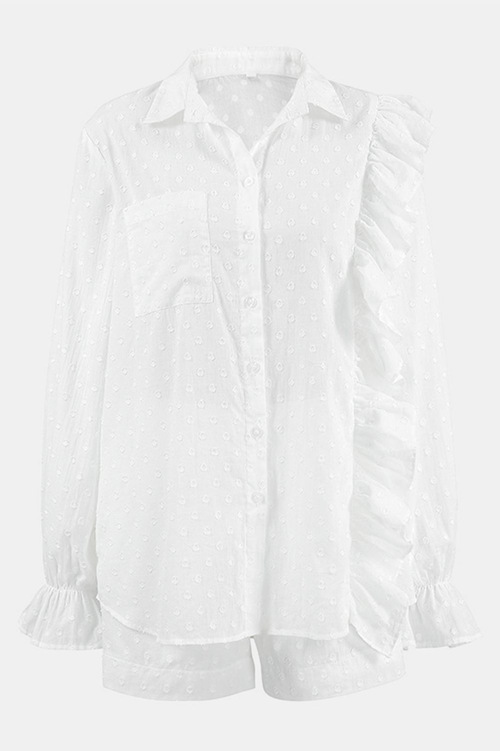 White textured ruffle trim shirt set with collared neckline and button front.