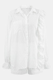 White textured ruffle trim shirt set with collared neckline and button front.