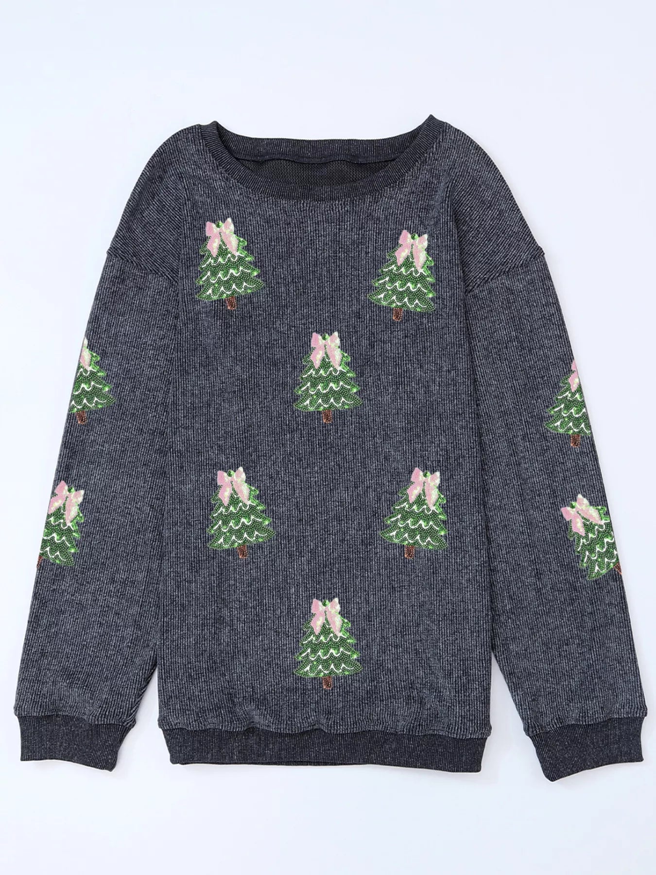 Dark gray baggy sweatshirt with all-over embroidered Christmas trees and pink bows.