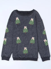 Dark gray baggy sweatshirt with all-over embroidered Christmas trees and pink bows.