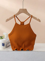 Caramel ribbed racerback crop top with scalloped hem.