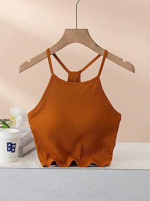 Caramel ribbed racerback crop top with scalloped hem.