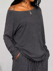 Loose Fit One-shoulder T-shirt And Pants Set Plus Size in Black, fit detail