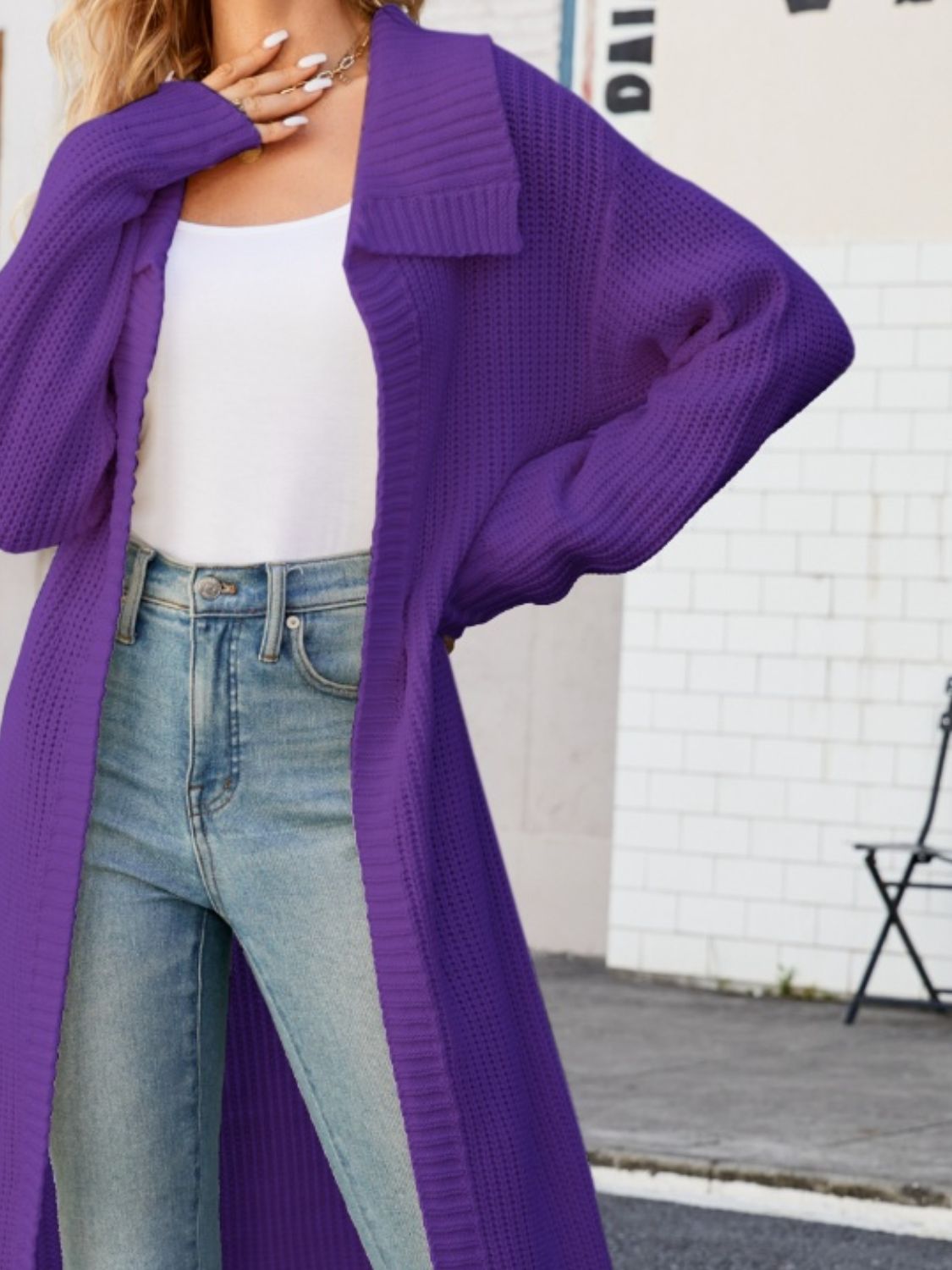 Longline knit collar cardigan in violet, featuring a relaxed fit and open front.