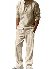 Men's khaki linen blend casual two-piece set with band collar shirt and drawstring pants.