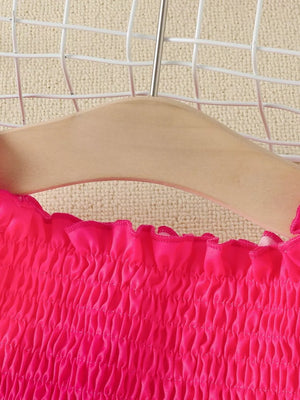 Children's Smocked Top And Denim Skirt Set in Rose Red, close-up detail