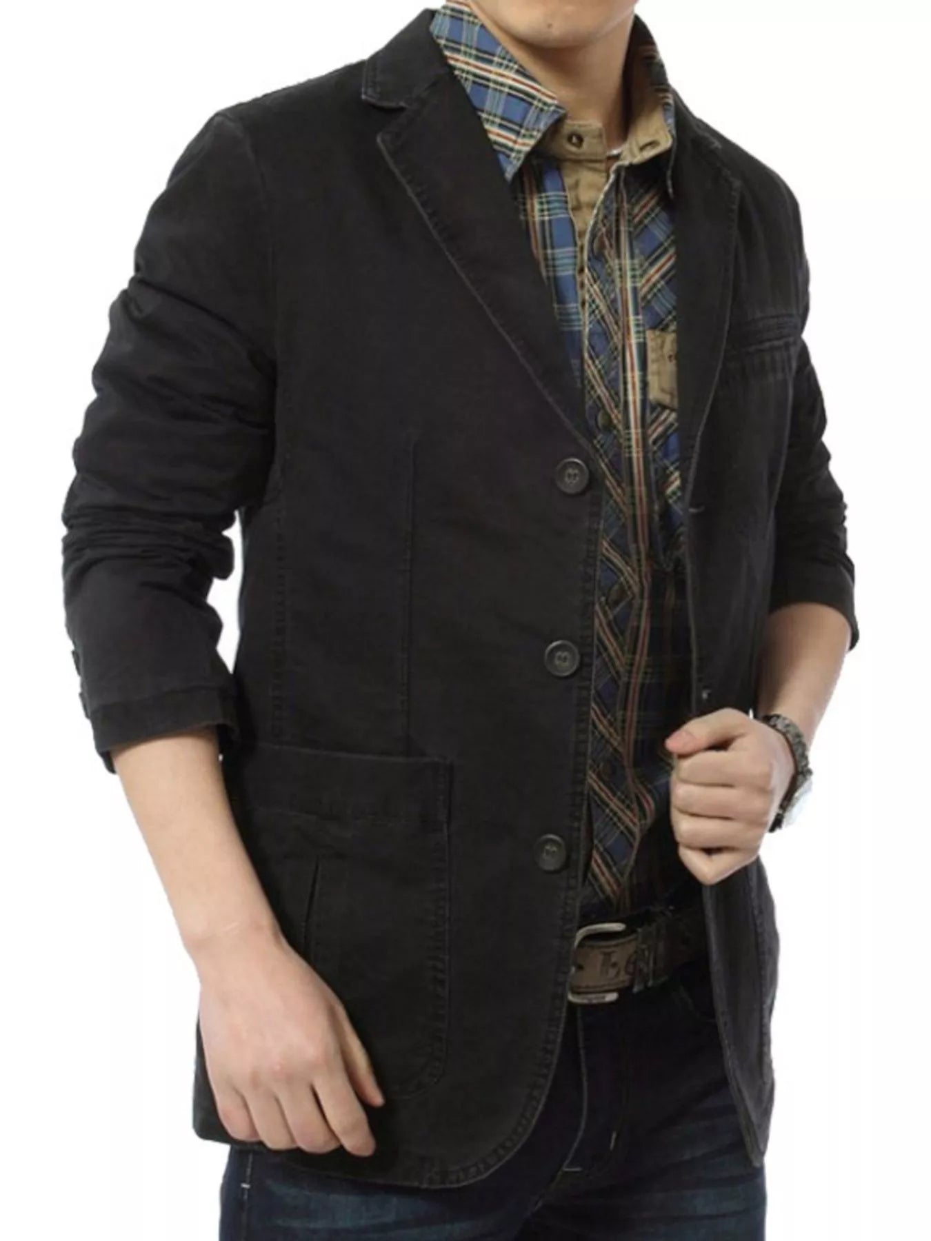 Black cotton button-up blazer with two front pockets and a plaid shirt.