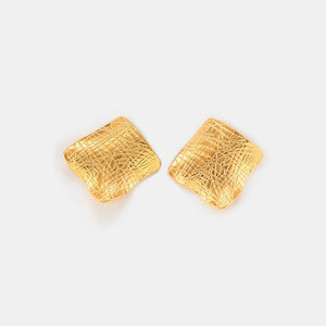 Gold textured square statement earrings with a unique crisscross pattern.