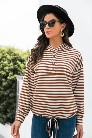 Button-neck striped relaxed fit hoodie in chestnut with a drawstring waist.