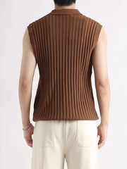 Men's brown ribbed knit zip-up tank with collar and sleeveless design.