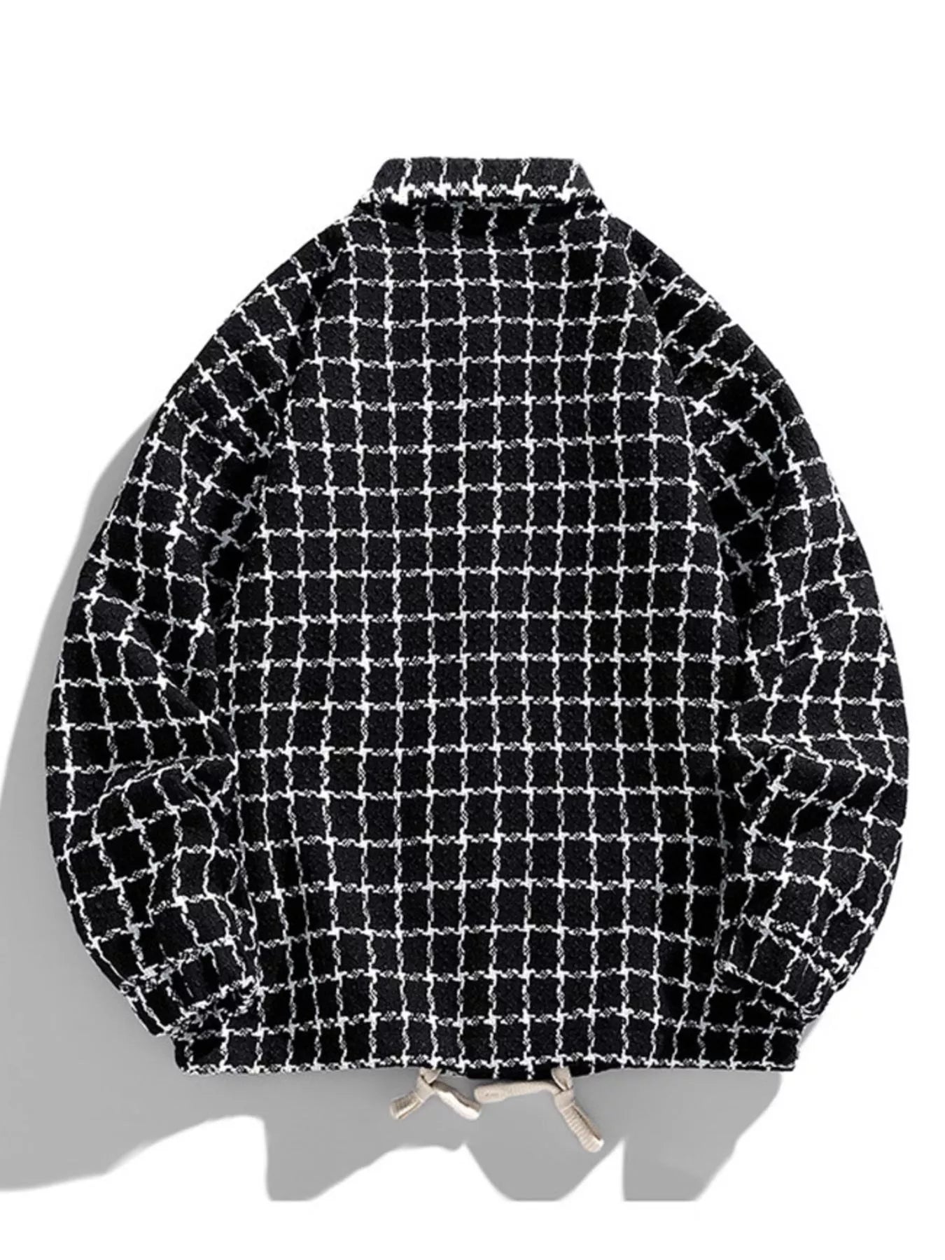 Oversized black plaid button-up jacket with collar and drawstring hem