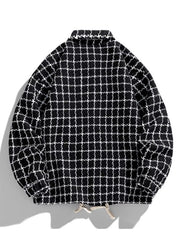Oversized black plaid button-up jacket with collar and drawstring hem