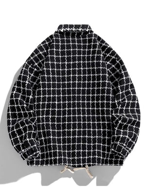 Oversized black plaid button-up jacket with collar and drawstring hem