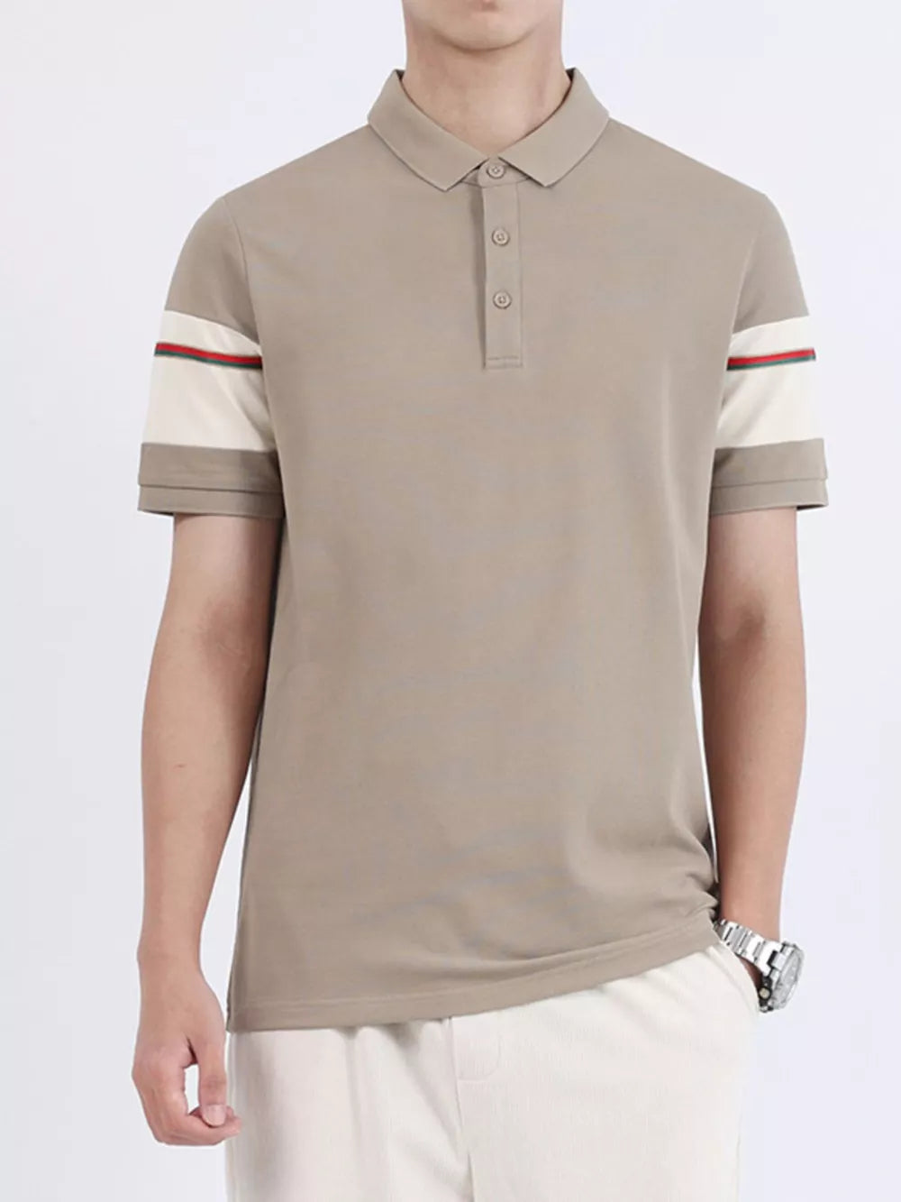 Desert color combed cotton polo with striped sleeve accents