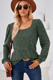 Puffed sleeve ribbed square neck top in matcha green.