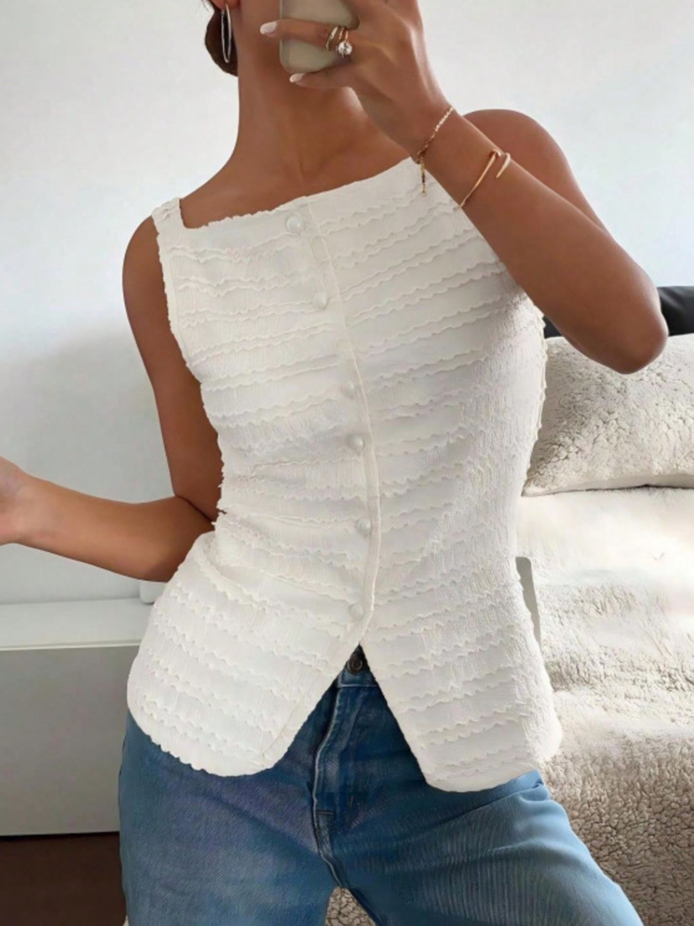White wavy textured button-front tank top with square neckline.