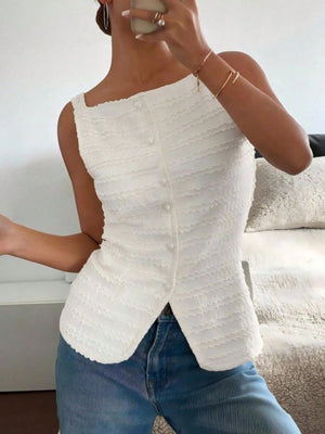 White wavy textured button-front tank top with square neckline.