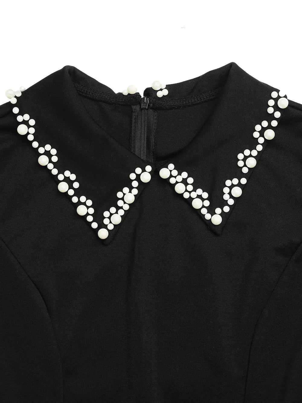 Black A-line mini dress with a peter pan collar embellished with white beads.