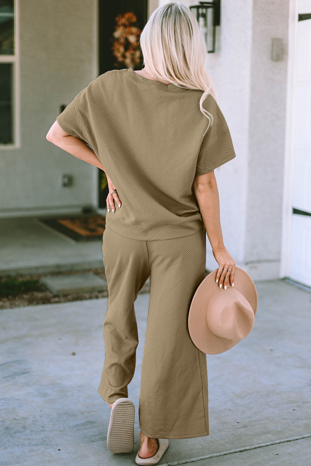 Khaki textured knit tee and wide leg pants set with short sleeves and a crew neck.