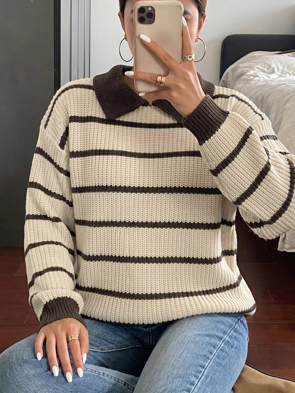 Striped Knit Polo Sweater in Tan, model styling view