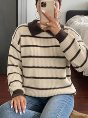 Striped Knit Polo Sweater in Tan, model styling view