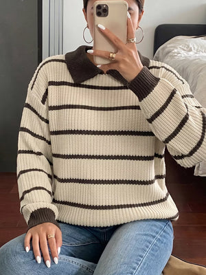 Striped Knit Polo Sweater in Tan, model styling view