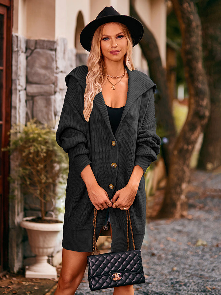 Black hooded knit cocoon cardigan with button front and pockets