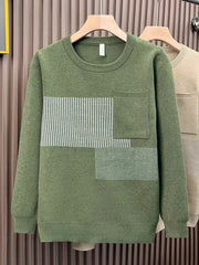 Men's green long sleeve sweater with chest pocket and striped detail