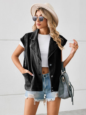 Black sleeveless denim blazer vest with notched lapels and button front.