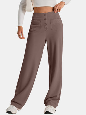 Button-front palazzo trousers in mocha with flap pockets and wide legs.
