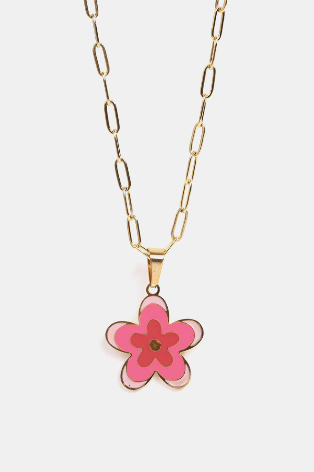 Enamel floral pendant necklace with 18K gold-plated chain, featuring pink and red flower design.