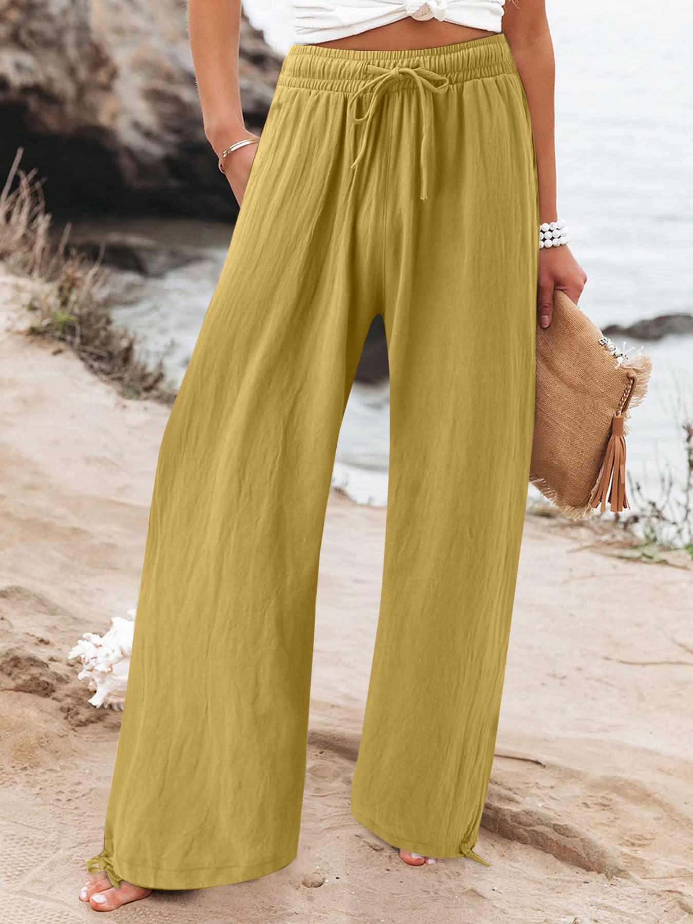 Full Size Drawstring Wide Leg Pants Plus Size in Fuchsia, model styling view