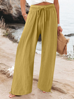 Full Size Drawstring Wide Leg Pants Plus Size in Fuchsia, model styling view