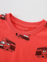 Toddler red cotton t-shirt with fire truck print and crew neck