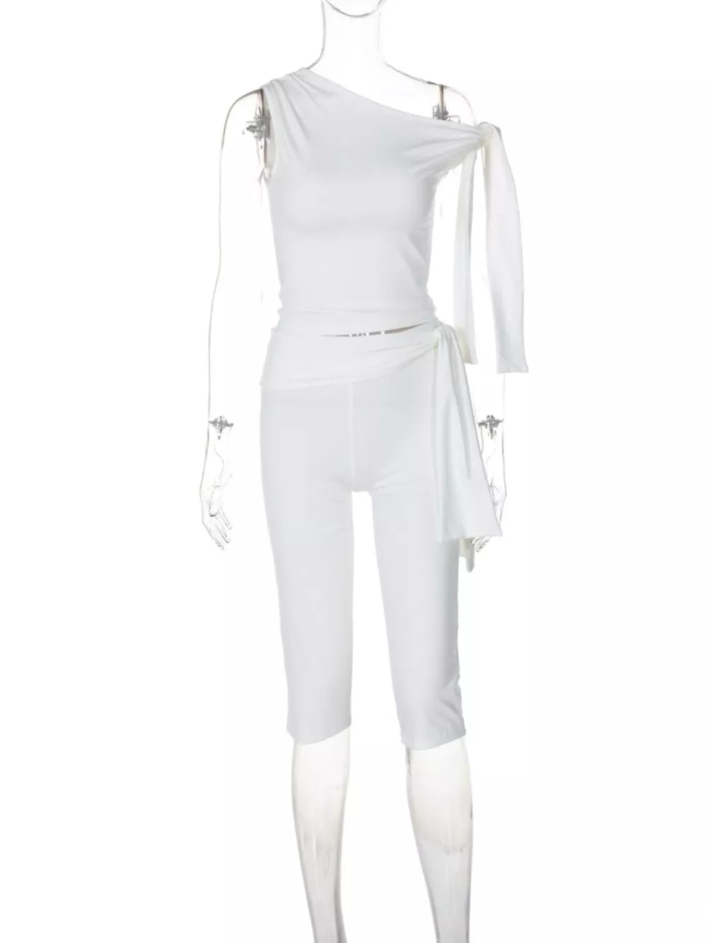 White one-shoulder tie top and capri set with draped detail