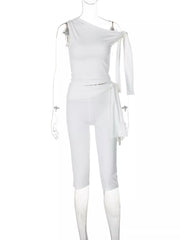 White one-shoulder tie top and capri set with draped detail