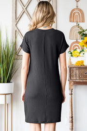 Dark Gray ribbed knit t-shirt dress with short sleeves and a crew neck.