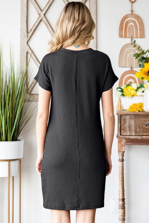 Dark Gray ribbed knit t-shirt dress with short sleeves and a crew neck.