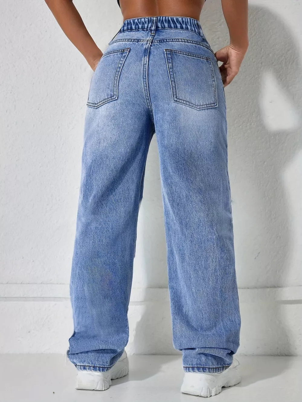 Distressed Wide Leg Jeans in Light Blue, model styling view