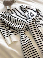 White and black striped acrylic sweater with tie front detail