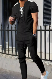 Men's Full Size Lace-up Front Top And Pants Set, close-up detail