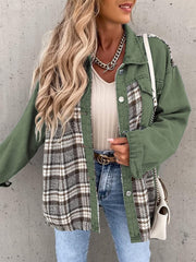 Panelled plaid denim hybrid jacket in green with button front and plaid inserts.