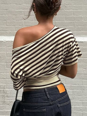 Cropped one-shoulder striped t-shirt with a ruched waist detail.