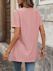 Eyelet Square Neck Puff Sleeve Top in pink with allover geometric eyelet pattern.