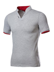 Grey cotton men's undershirt with notched V-neck and red trim details.